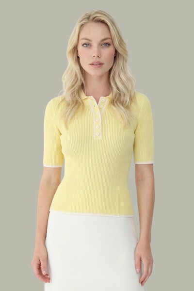 MODAMERSİ Women's Yellow Ribbed Button Detailed Short Sleeve Knitwear Blouse