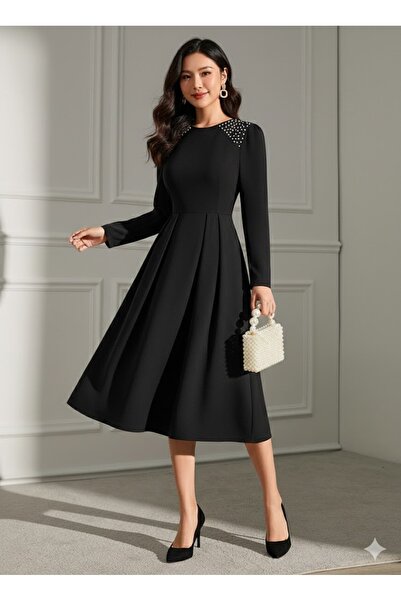 BLUSS Women's Black Shoulder Pearl Detailed Pleated Long Sleeve Midi Length D...