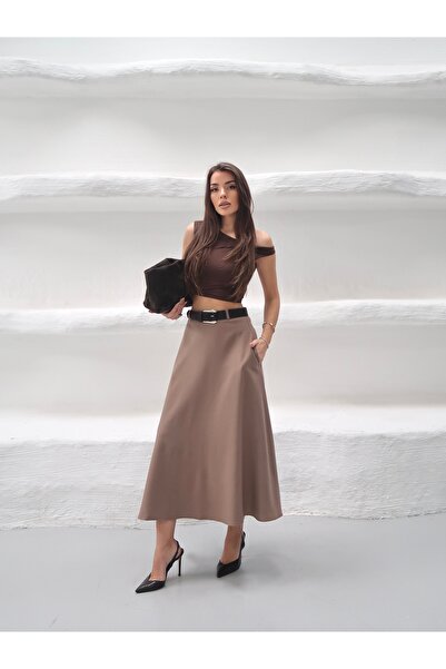 MAXXANA Midi Length Polyviscon Skirt with Pockets and Belt