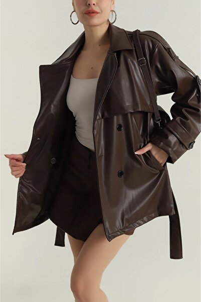 gm giyimarket Νέα Σεζόν Γυναικεία Δερμάτινη Καμπαρντίνα με Ζώνη