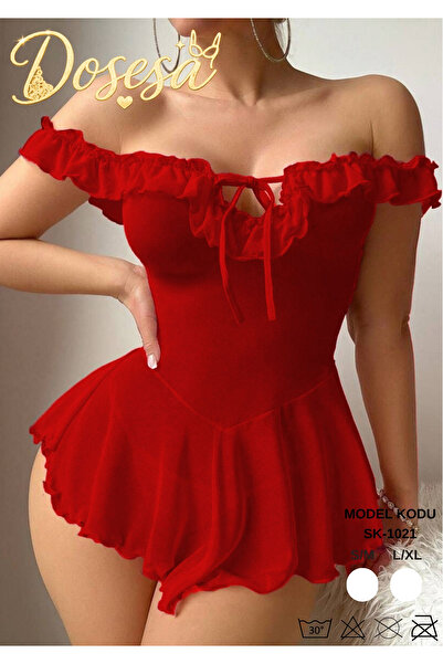 DOSESA Fırfır Detaylı Kırmızı Tül Babydoll Gecelik