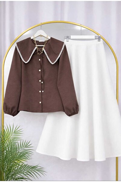 MODA VEDAT Women's Collar Scallop Detailed Shirt - Puff Scuba Skirt Set -0490