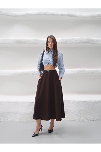 MAXXANA Midi Length Polyviscon Skirt with Pockets and Belt