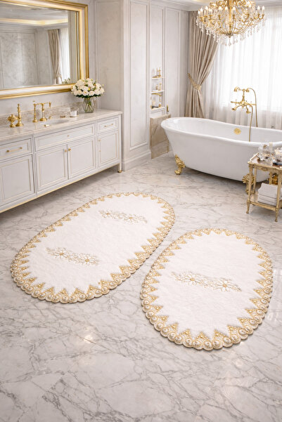 Dokumacıoğlu Marvelle Krem-Gold Fransız Dantelli 2’li Banyo Paspas Seti 70x12...