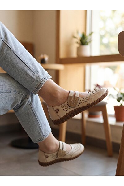 Venüs Women's Genuine Leather Orthopedic Casual Black Beige Vns013