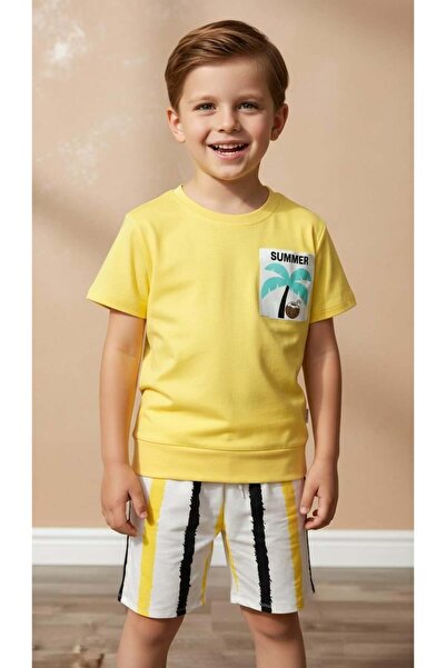 Monila Set de pantaloni scurți cu dungi și imprimeu cu palmieri galbeni pentr...