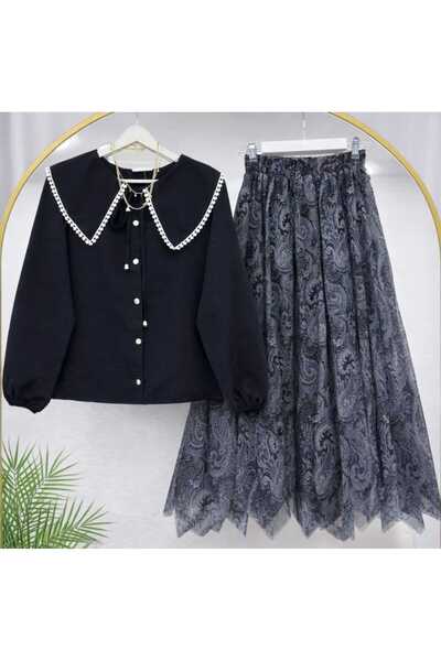 MODA VEDAT Women's Scallop Collar Shirt - Patterned Asymmetrical Cut Skirt Se...