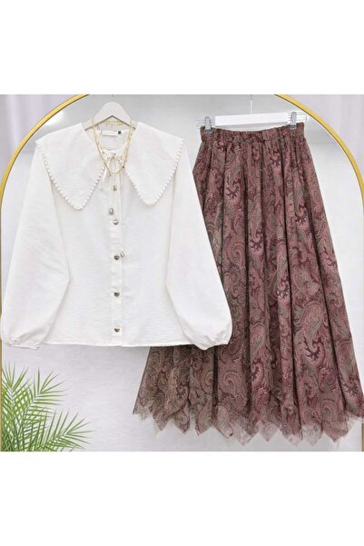 MODA VEDAT Women's Scallop Collar Shirt - Patterned Asymmetrical Cut Skirt Se...