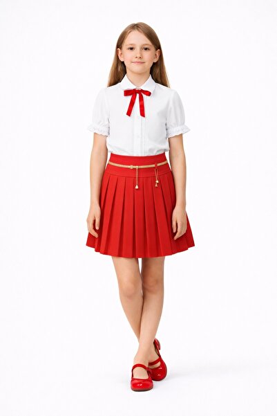 Nacar 23 Nisan 29 Ekim Gösteri Kıyafeti Kırmızı Fiyonklu Beyaz Bluz & Pileli ...