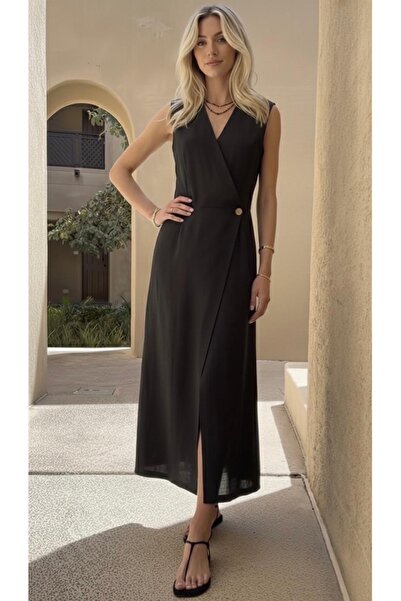 azabutik KRUVAZE YAKA KETEN SİYAH RENGİ ELBİSE