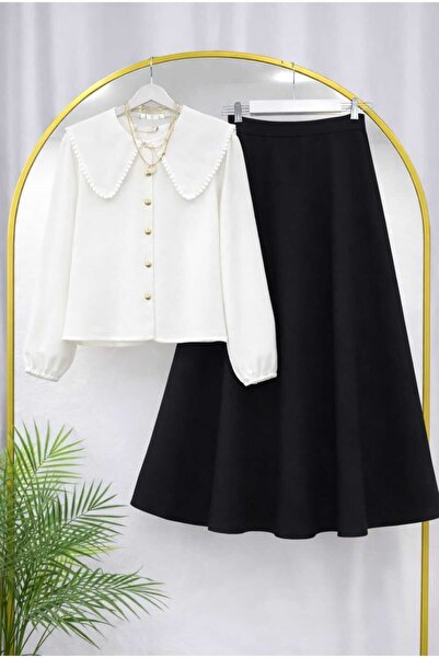 MODA VEDAT Women's Collar Scallop Detailed Shirt - Puff Scuba Skirt Set -0490