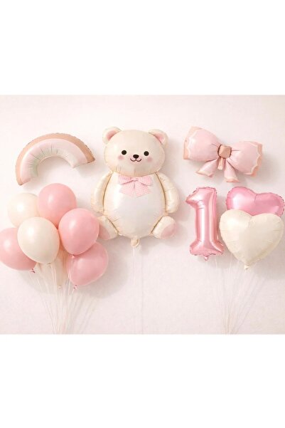 Çemrek Süs Parti Girl Bear Birthday Concept 16 Pieces with Rainbow Bow, Heart...