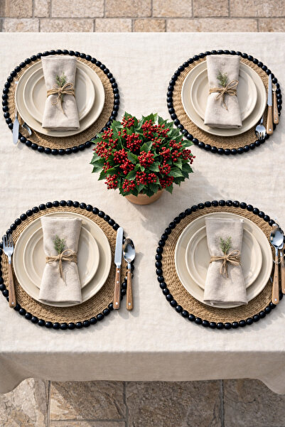 Marrone Πολυτελές Αμερικάνικο Ψάθινο Σετ Σουπλά με Μαύρη Λεπτομέρεια, Σετ 4 τ...