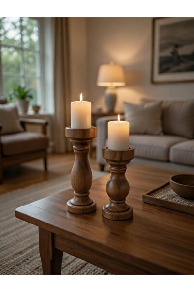 SunnyDays Lina Serisi - 2'li Ahşap Görünümlü Seramik Şamdan & Mumluk Seti (23...