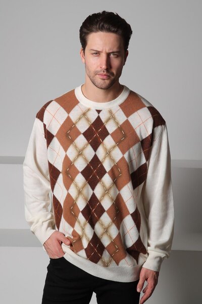 Ferraro Ecru/Brown Crew Neck Argyle Patterned Wool Men's Knitwear Sweater