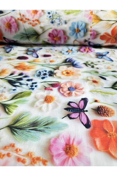 EDA HOME TEKSTİL Çiçek ve Kelebek Desenli Dijital Baskı Akfil Poplin Kumaş