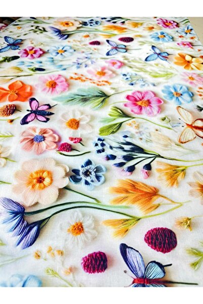 EDA HOME TEKSTİL Çiçek ve Kelebek Desenli Dijital Baskı Akfil Poplin Kumaş