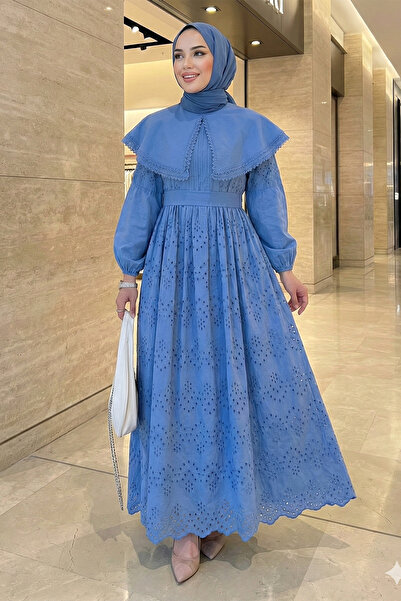 FERHEL Women's Cape Collar Lace Detailed Hijab Elegant Dress Blue