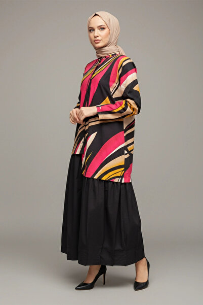 Invee Desenli Viskon Elbise - Fuşya