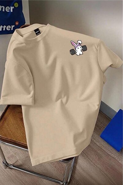 Oksit Gym Bunny - Weightlifting Rabbit Printed Unisex Oversize Cotton T-Shirt