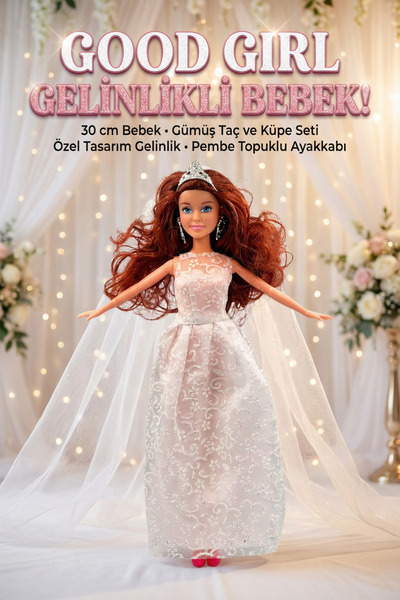 craftivio Good Girl Gelinlikli Prenses Oyuncak Bebek 30 Cm - Gümüş Taçlı ve A...