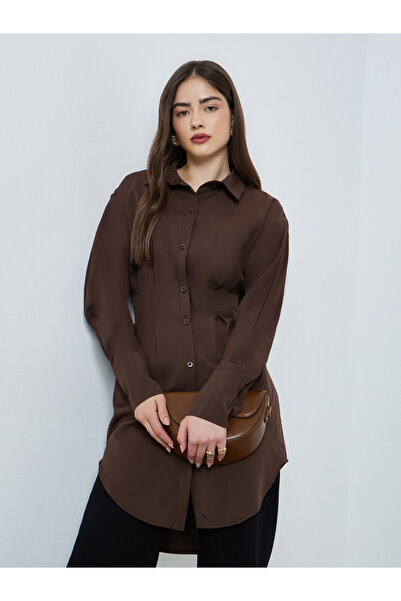 Styli Brown Fold Pleat Longline Shirt