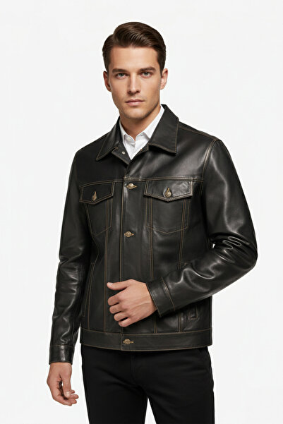 Deriderim Classic Denim Lined Genuine Leather Jacket