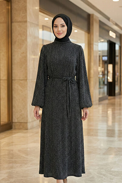 FERHEL Women's High Collar Stone Detailed Belted Lined Evening Dress - Khaki