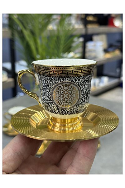 Doğudeko Luxury Porcelain 6-Piece Cup Set with Metal Plates