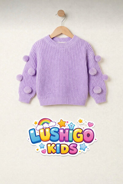 LUSHİGO Girl's Oversize Knitwear Sweater with Pompom Detail and Stylish Desig...