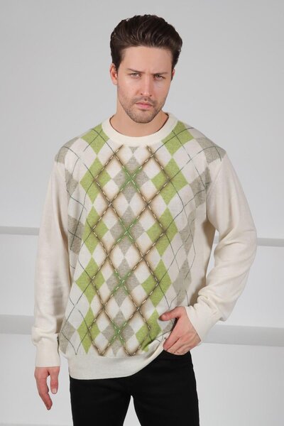 Ferraro Ecru/A.Gray Crew Neck Diamond Patterned Wool Men's Knitwear Sweater