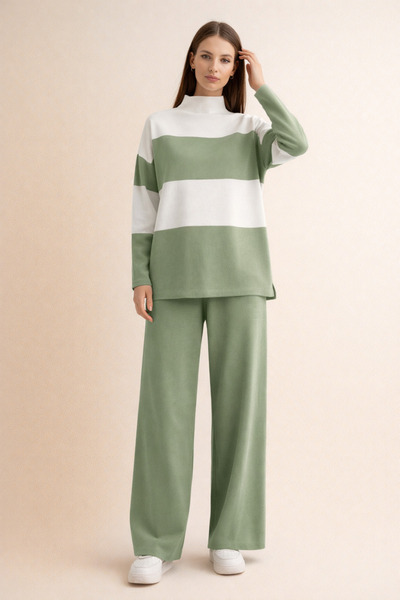 FERHEL Horizontal Wide Striped Knitwear Set - Water Green