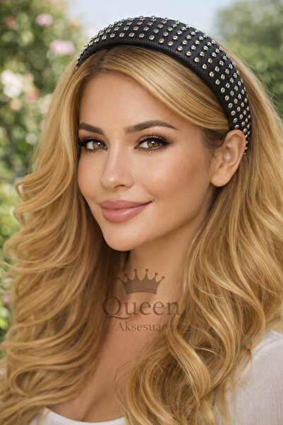 QUEEN AKSESUAR Luxury Design Wide Convex Leather Metal Stud Beaded Crown Wome...
