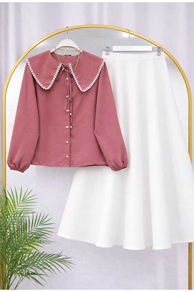 MODA VEDAT Women's Collar Scallop Detailed Shirt - Puff Scuba Skirt -0520