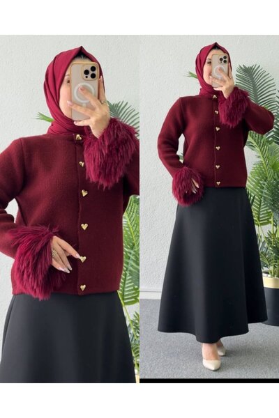 MODABERİLBUTİKK Tüylü Manşetli Kalp Düğmeli Tesettür Ceket – Şık ve Modern Ta...