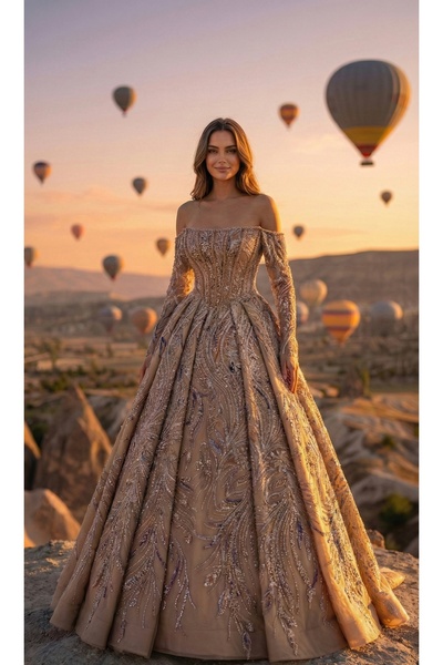 Ayşe gelinlik Gold Bej İşlemeli Prenses Abiye – Düşük Omuz Uzun Kollu Taşlı Ö...