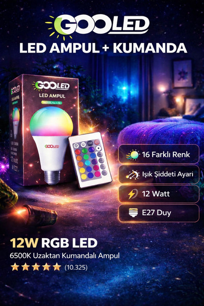 Uzak Store GOOLED 12W RGB Kumandalı LED Ampul – 16 Renk, E27, 6500K