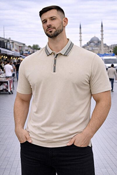 Maccali Men's Large Size Detailed Loose Beige Polo Neck T-Shirt