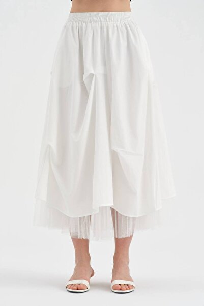 tw3 Women's Long Skirt with Tulle Fabric Detail and Elastic Waist Design