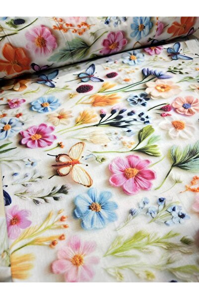 EDA HOME TEKSTİL Çiçek ve Kelebek Desenli Dijital Baskı Akfil Poplin Kumaş