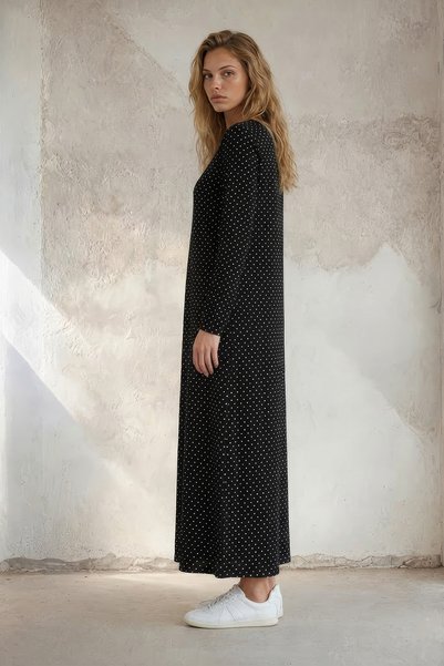 Almila Long Sleeve Long Combed Cotton Dress with Crew Neck 2031