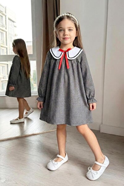 Monila Rochie în carouri pentru fetițe, din bumbac, cu guler tip păpușă, mâne...