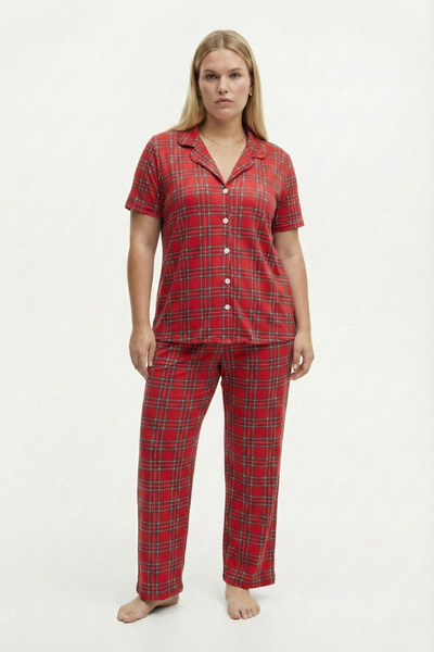 Talvien Kadın Milan Kumaş Önü Düğmeli Mevsimlik Kısa Kol Pijama Takımı