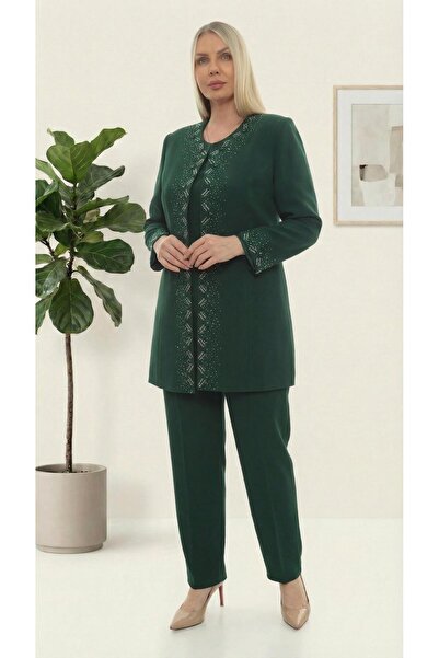 MİSS DİAMOND Stylish green three-piece pant suit with jacket stone embroidere...