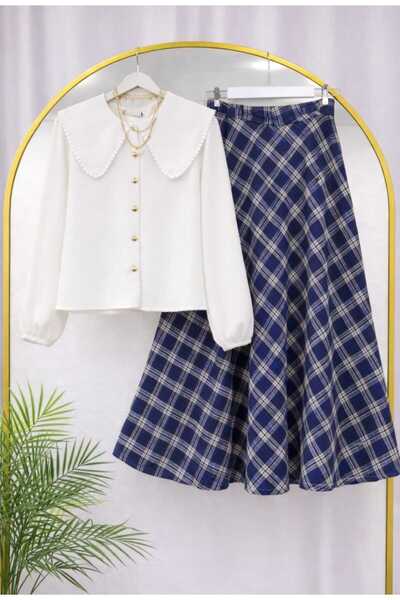 MODA VEDAT Women's Collar Scallop Detailed Shirt - Plaid Patterned Puff Scuba...