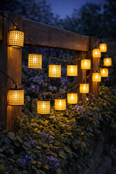 OEM Ghirlandă Solară cu Felinare din Plastic Model Rattan, Lumină Alb Cald, 3...