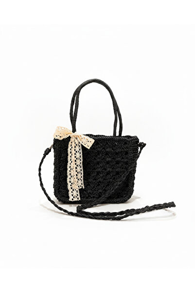 Taşhan Çarşı Siyah Kağıt İp Kadın El ve Omuz Çantası - 22x22 cm Dantel Fiyonk...