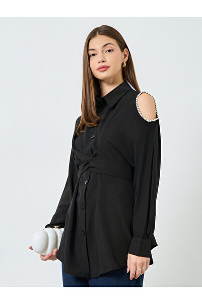 Styli Black Embellished Cold Shoulder Oversized Shirt
