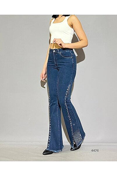 MYJEANSKOLİK Yüksek Bel Taş ve Drop Detaylı Likralı Yırtmaçlı İspanyol Paça Jean