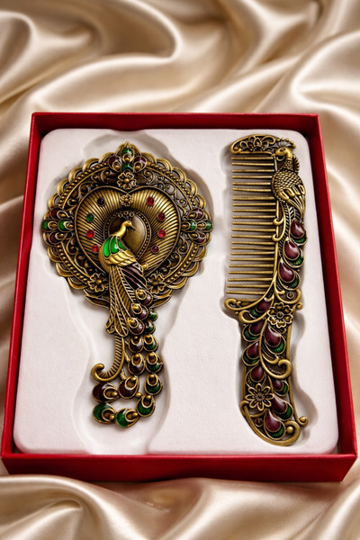 DeGo Shop Etnik Desenli Vintage Kabartmalı El Aynası ve Tarak Seti ( Kutulu )